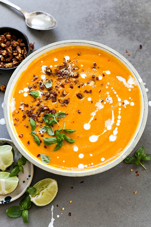 Creamy Thai Carrot and Sweet Potato Soup with Roasted Tamari Almonds | www.floatingkitchen.net