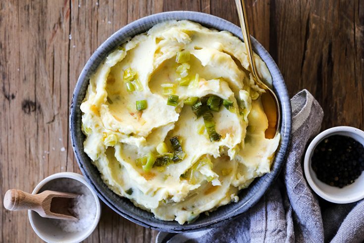 Sour Cream Mashed Potatoes and Turnips with Sautéed Leeks