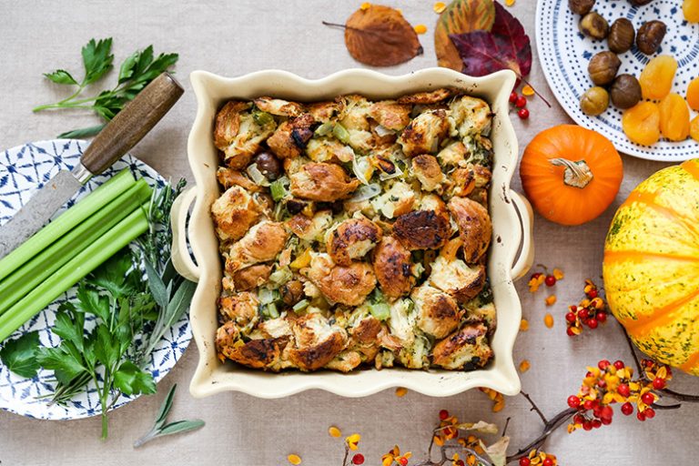 Fennel and Fresh Herb Stuffing with Chestnuts and Apricots Floating