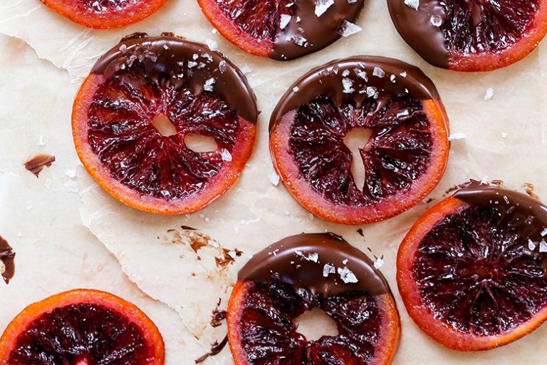 Candied Blood Orange Slices Dipped in Dark Chocolate Floating Kitchen