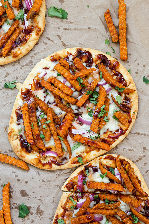 Sweet Potato French Fry Barbecue Naan Pizzas | www.floatingkitchen.net