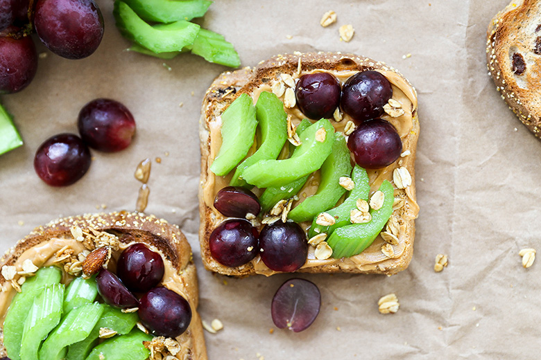 Peanut Butter Toast with Celery and Grapes | www.floatingkitchen.net