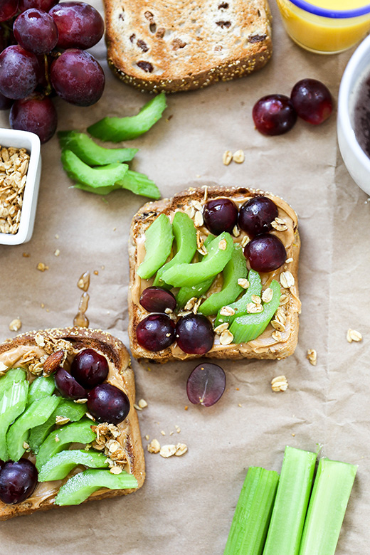 Peanut Butter Toast with Celery and Grapes | www.floatingkitchen.net