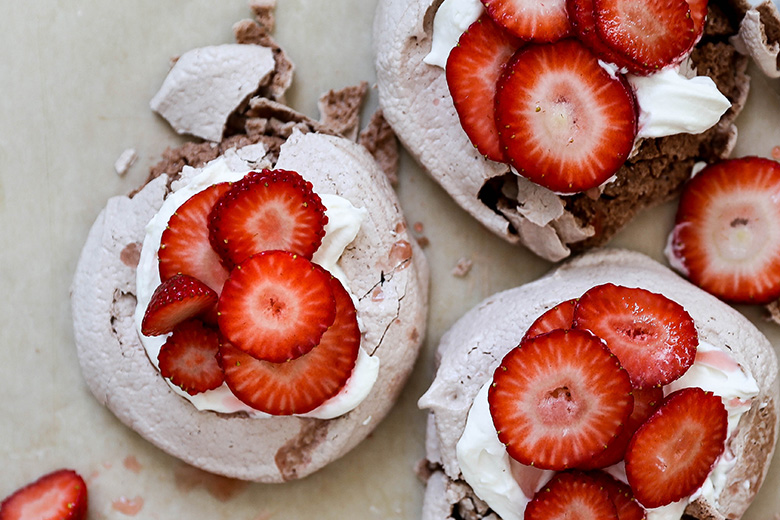 Strawberries and Cream Chocolate Pavlovas | www.floatingkitchen.net