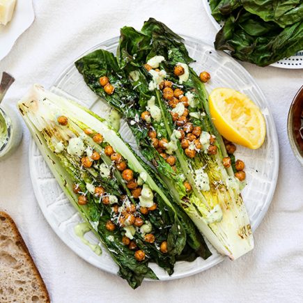 Grilled Romaine Salad with Cacio e Pepe Chickpeas and Herb Dressing | www.floatingkitchen.net