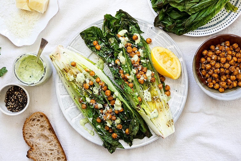 Grilled Romaine Salad with Cacio e Pepe Chickpeas and Herb Dressing | www.floatingkitchen.net