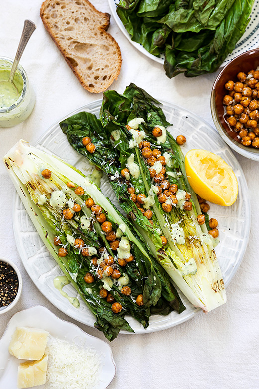 Grilled Romaine Salad with Cacio e Pepe Chickpeas and Herb Dressing | www.floatingkitchen.net