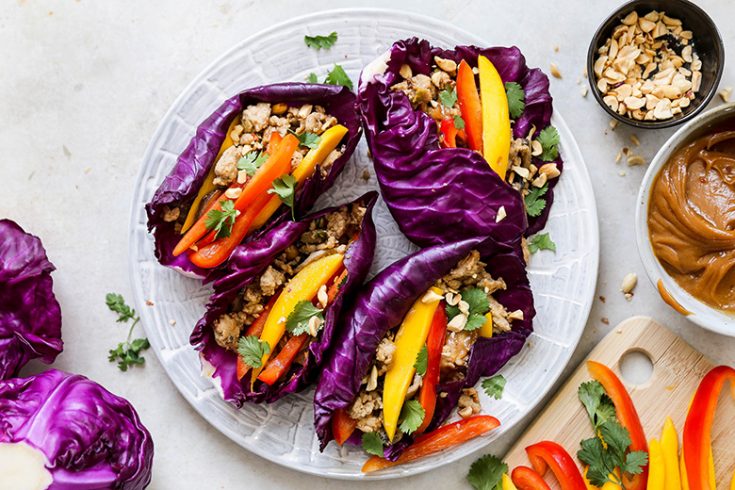 Thai Chicken Cabbage Wraps with Peanut Sauce