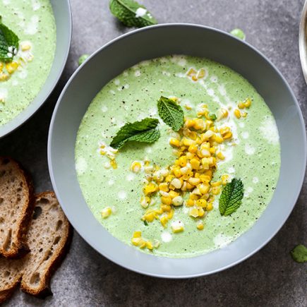 Chilled Lettuce, Cucumber and Pea Soup with Corn Salsa | www.floatingkitchen.net