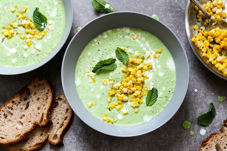 Chilled Lettuce, Cucumber and Pea Soup with Corn Salsa