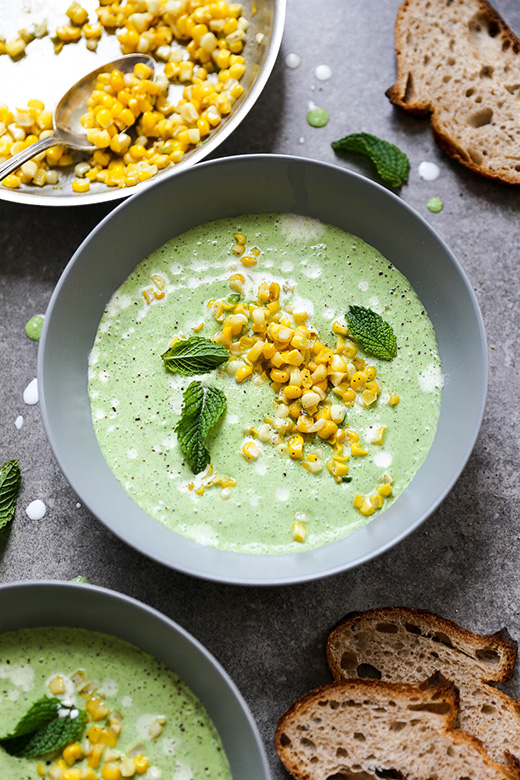 Chilled Lettuce, Cucumber and Pea Soup with Corn Salsa | www.floatingkitchen.net