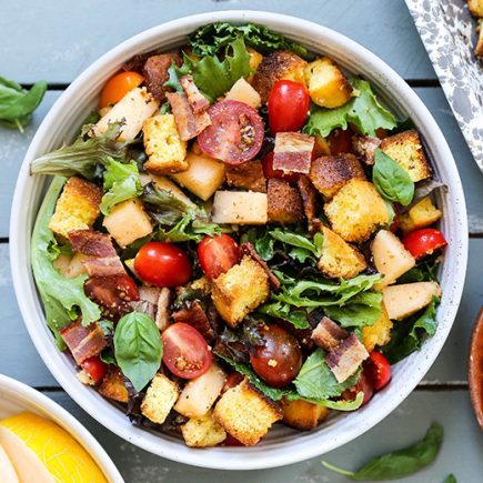 Tomato, Melon and Cornbread Panzanella Salad | www.floatingkitchen.net