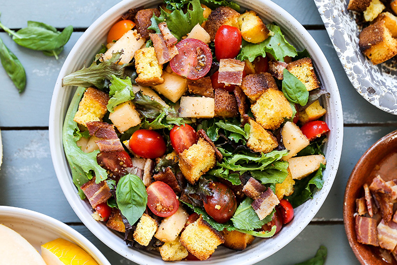 Tomato, Melon and Cornbread Panzanella Salad | www.floatingkitchen.net