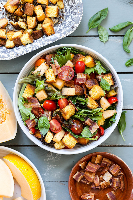 Tomato, Melon and Cornbread Panzanella Salad | www.floatingkitchen.net