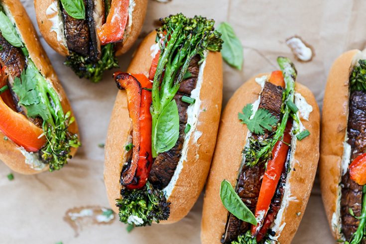 Grilled Mushroom, Pepper and Broccolini Veggie Dogs