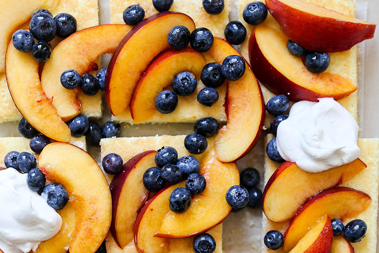 Peach-Blueberry Sheet Cake Shortcake | www.floatingkitchen.net