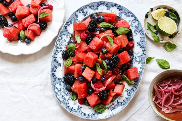 Watermelon and Berry Salad with Pickled Red Onions