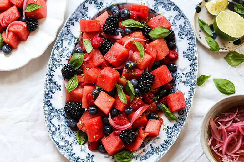 Watermelon and Berry Salad with Pickled Red Onions | www.floatingkitchen.net