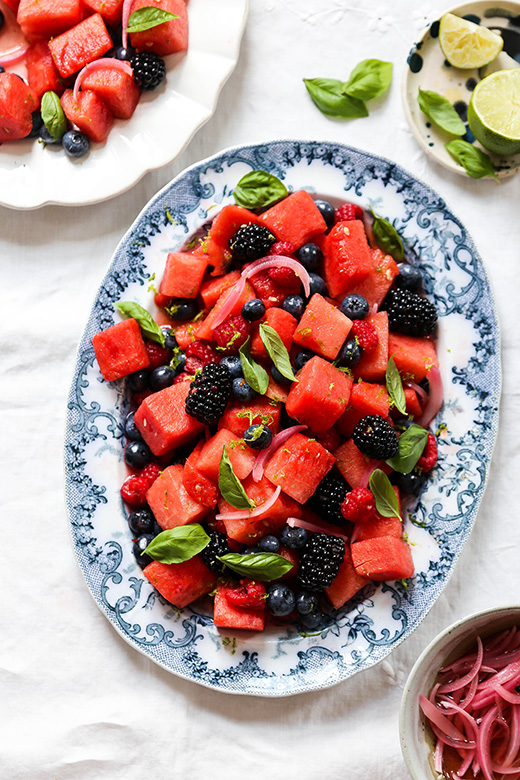 Watermelon and Berry Salad with Pickled Red Onions | www.floatingkitchen.net