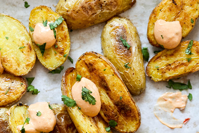 Crispy Fingerling Potatoes with Chipotle Cream | www.floatingkitchen.net