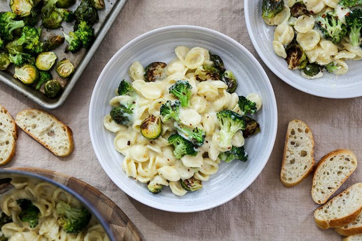 Cheesy Pasta with Roasted Broccoli and Brussels Sprouts