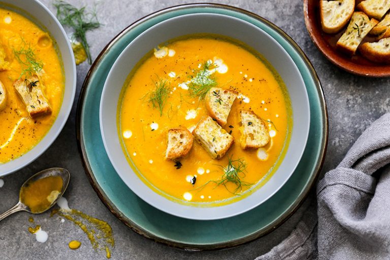 Roasted Carrot and Fennel Soup with GarlicThyme Croutons Floating