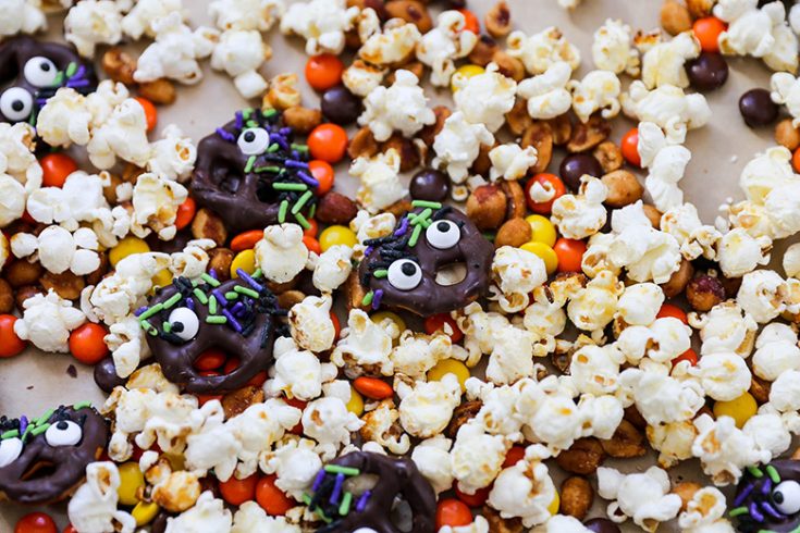 Halloween Popcorn Snack Mix with Monster Pretzels
