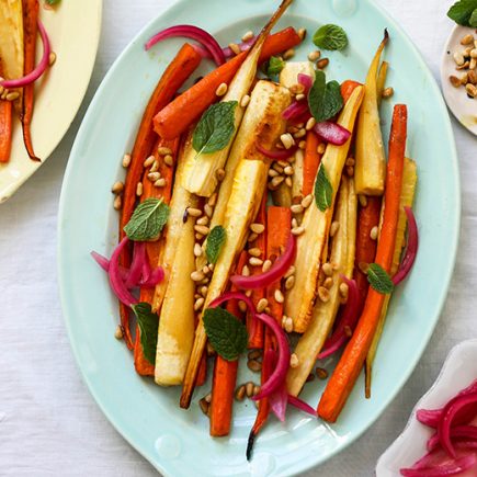 Roasted Carrots and Parsnips with Pickled Red Onions and Pine Nuts | www.floatingkitchen.net