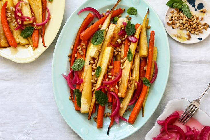 Roasted Carrots and Parsnips with Pickled Red Onions and Pine Nuts