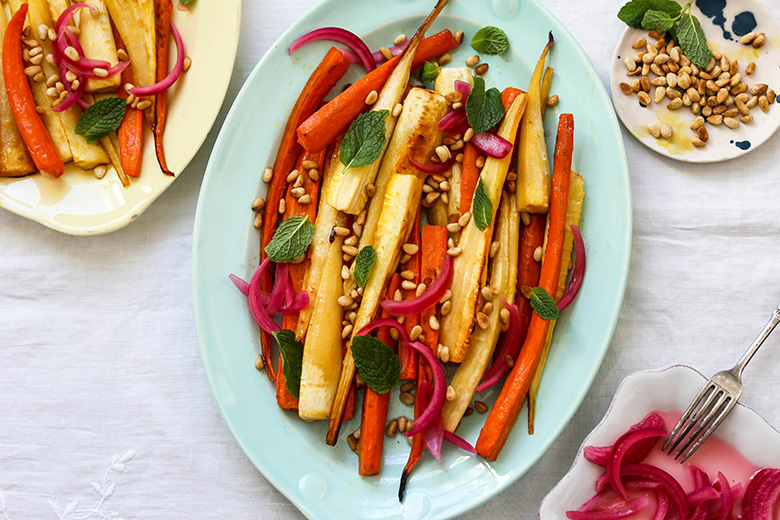 Roasted Carrots and Parsnips with Pickled Red Onions and Pine Nuts | www.floatingkitchen.net