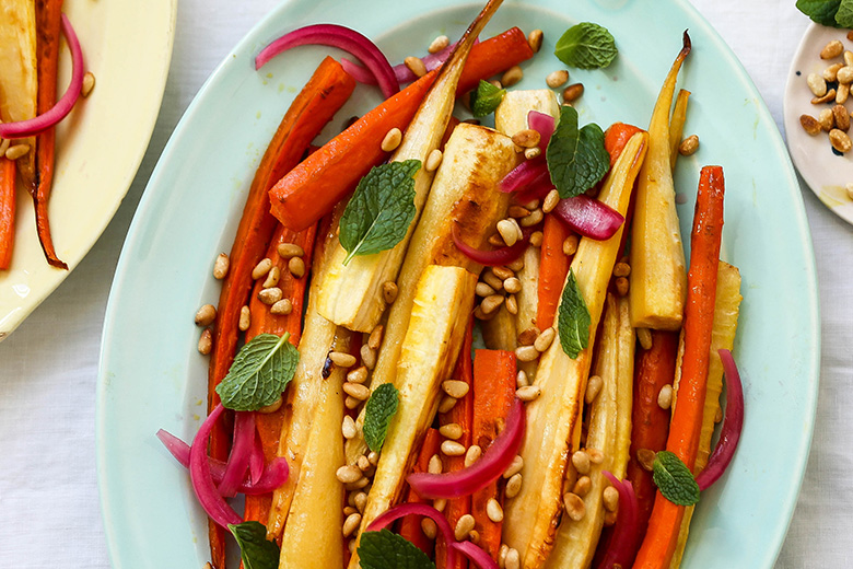 Roasted Carrots and Parsnips with Pickled Red Onions and Pine Nuts | www.floatingkitchen.net