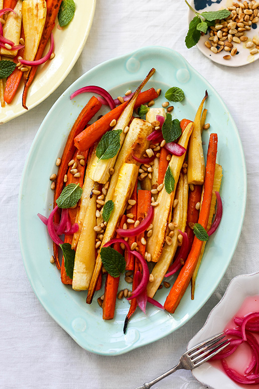 Roasted Carrots and Parsnips with Pickled Red Onions and Pine Nuts | www.floatingkitchen.net