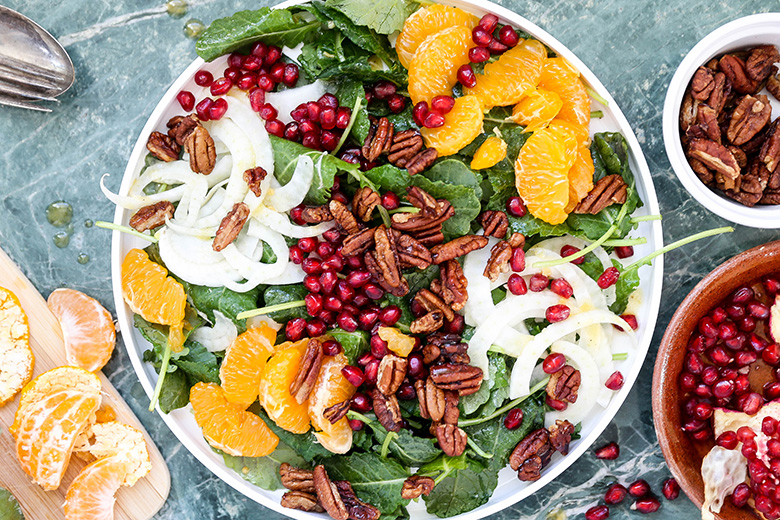 Christmas Kale Salad with Fennel, Pomegranate, Oranges and Spiced Pecans | www.floatingkitchen.net