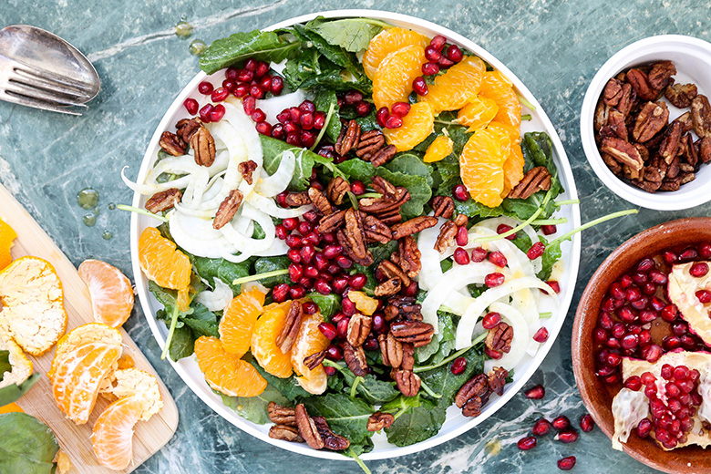 Christmas Kale Salad with Fennel, Pomegranate, Oranges and Spiced Pecans | www.floatingkitchen.net