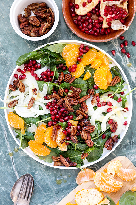 Christmas Kale Salad with Fennel, Pomegranate, Oranges and Spiced Pecans | www.floatingkitchen.net