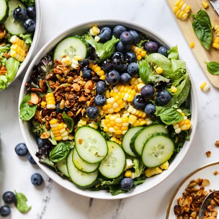 Corn and Blueberry Salad with Savory Granola and Herb Vinaigrette | www.floatingkitchen.net