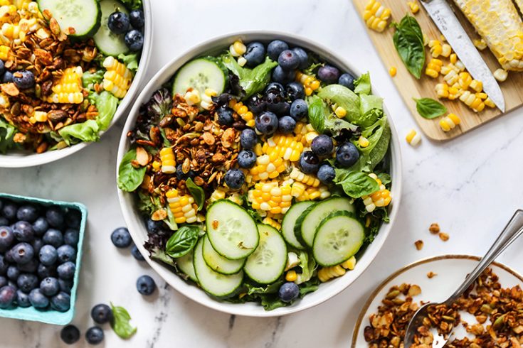 Corn and Blueberry Salad with Savory Granola and Herb Vinaigrette