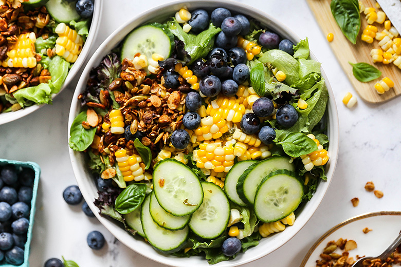 Corn and Blueberry Salad with Savory Granola and Herb Vinaigrette | www.floatingkitchen.net