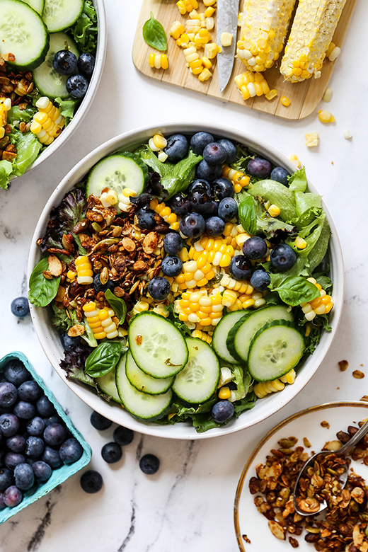 Corn and Blueberry Salad with Savory Granola and Herb Vinaigrette | www.floatingkitchen.net