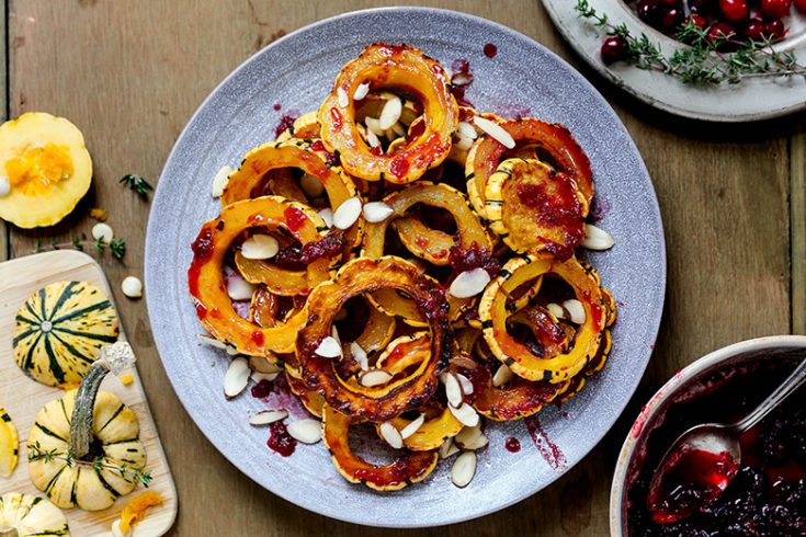 Maple Roasted Delicata Squash with Cranberry Glaze