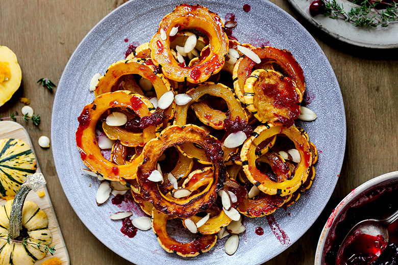 Maple Roasted Delicata Squash with Cranberry Glaze | www.floatingkitchen.net