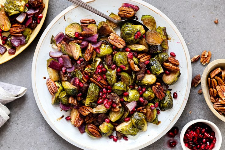 Roasted Brussels Sprouts and Red Onions with Pecans and Dates