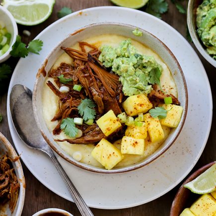 Barbecue Pork Polenta Bowls with Pineapple and Guacamole | www.floatingkitchen.net