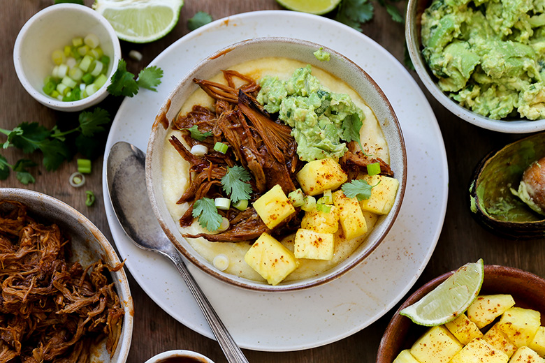 Barbecue Pork Polenta Bowls with Pineapple and Guacamole | www.floatingkitchen.net