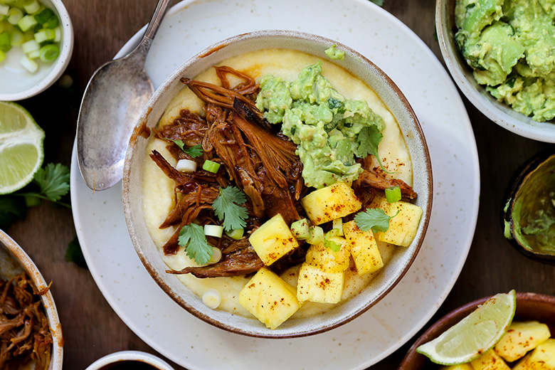 Barbecue Pork Polenta Bowls with Pineapple and Guacamole | www.floatingkitchen.net
