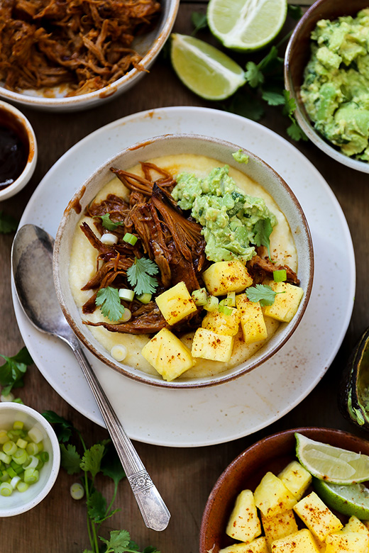 Barbecue Pork Polenta Bowls with Pineapple and Guacamole | www.floatingkitchen.net
