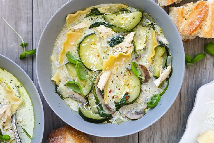 White Pesto Lasagna Soup with Chicken and Vegetables