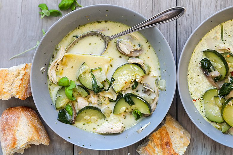 White Pesto Lasagna Soup with Chicken and Vegetables | www.floatingkitchen.net