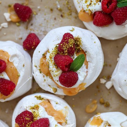 Pistachio Pavlovas with Papaya Curd and Raspberries | www.floatingkitchen.net