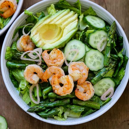 Sautéed Browned Butter Shrimp and Asparagus Salad with Avocado | www.floatingkitchen.net